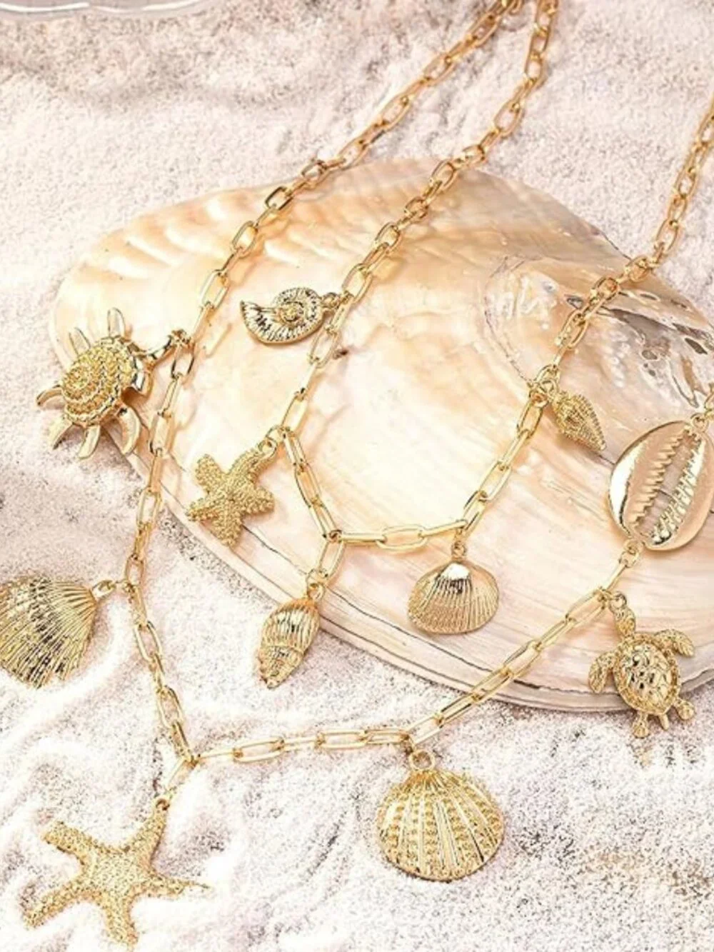 BRAND NEW Women Layered Gold Seashell Starfish Pearl Necklace